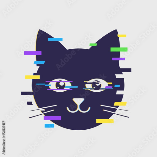 A stylized black cat head with glitch effects.