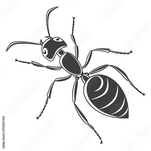 A small black vector spider with long legs crawling on a green leaf toward a group of tiny silhouette ants