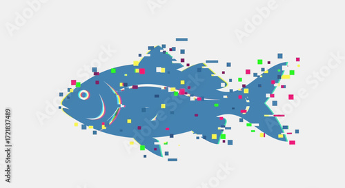 Blue fish silhouette with colorful dots and text fragments.
