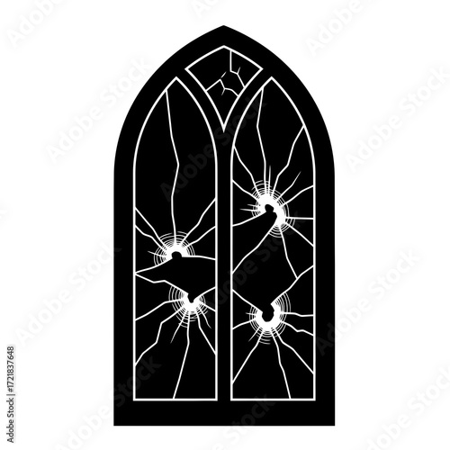Gothic window shattered by impact