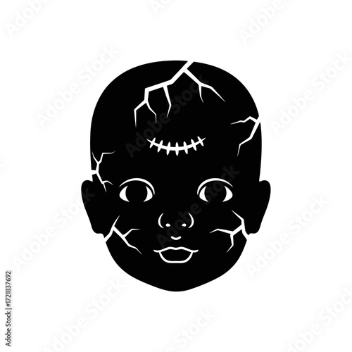 Creepy cracked doll face silhouette with stitched mouth