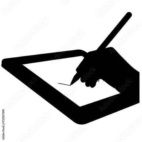 Silhouette of a hand drawing on a digital tablet with a stylus