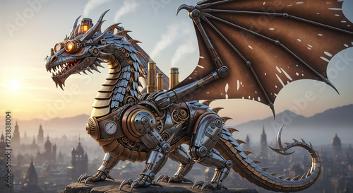 Mechanical dragon with metal wings stands ready in fantasy scene.