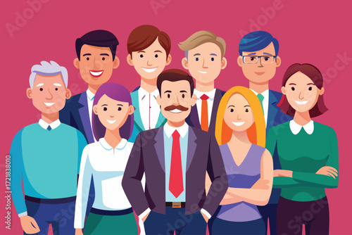 Group of professionals smiling together in a colorful setting during a team celebration or event