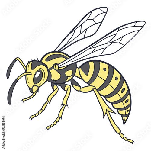 Isolated cartoon vector illustration of a honeybee with yellow and black wings on a white background