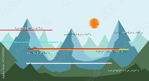 Stylized mountain range with sun and horizontal lines.