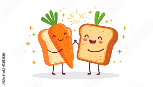 Charming illustration of a happy cartoon carrot and a slice of bread holding hands, celebrating their friendship
