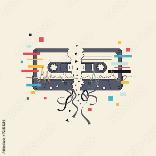 Broken cassette tape with colorful abstract elements and trailing tape.