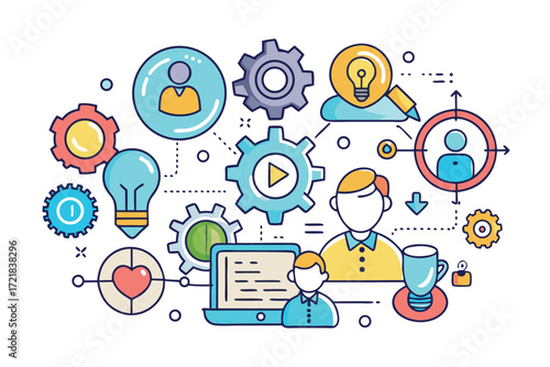 Creative design with gears and icons representing technology, innovation, and teamwork in a digital workspace