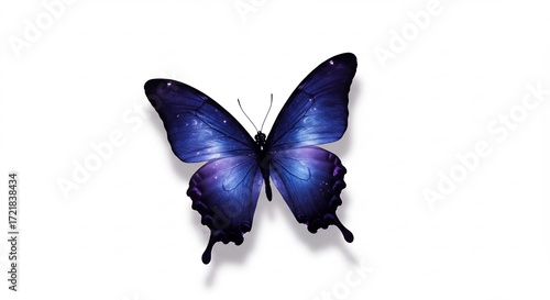 Dunkelblauer Schmetterling schwebt sanft vor weissem Hintergrund. AI Generated