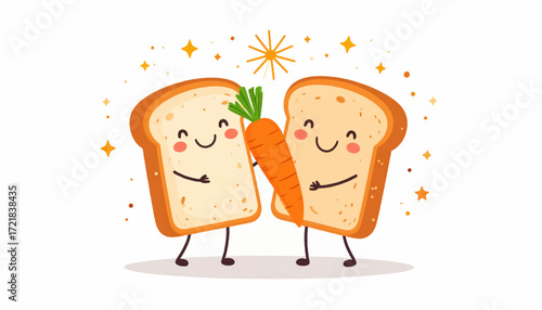 Cute animated slices of toast hugging a carrot, symbolizing a healthy and happy friendship with a touch of culinary delight