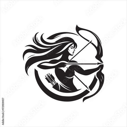 Stylized Archer Woman with Flowing Hair Drawing Back Bow and Arrow.