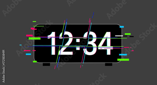 Digital clock displaying 12:34 with glitch effect.