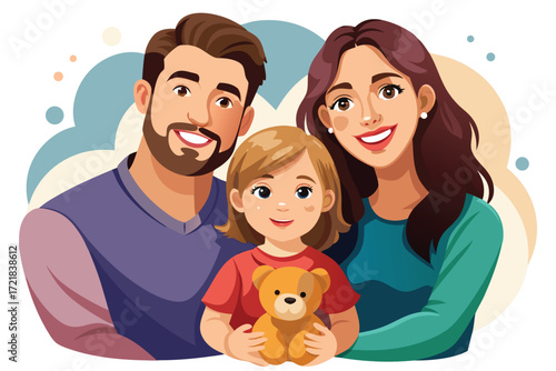 Family portrait with smiling parents and child holding a teddy bear in a cheerful setting