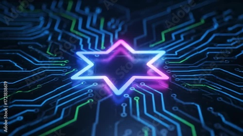 Neon Star Emblem on Futuristic Circuit Board - A vibrant, dynamic neon star emblem glows brightly on a futuristic circuit board pattern.