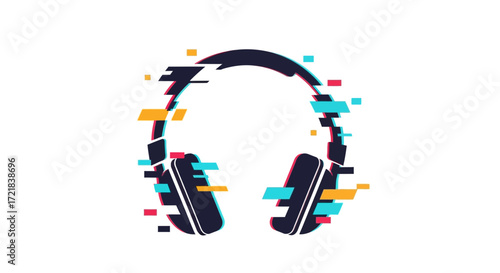 Headphones with digital glitch effect on white background.