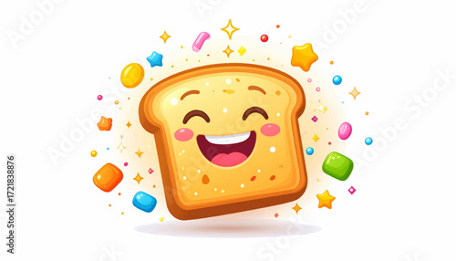 Smiling golden toast illustration radiating pure joy. Whimsical image with sprinkles and sparkling stars, embodying happiness and delightful breakfast charm