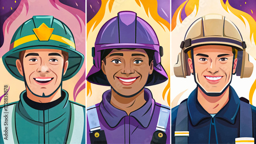 Cartoon vector of male and female firefighters with helmets set, uniform, hose, emergency service characters, rescue staff illustration.