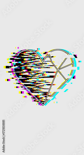 Glitching heart symbol disintegrating on a plain background.
