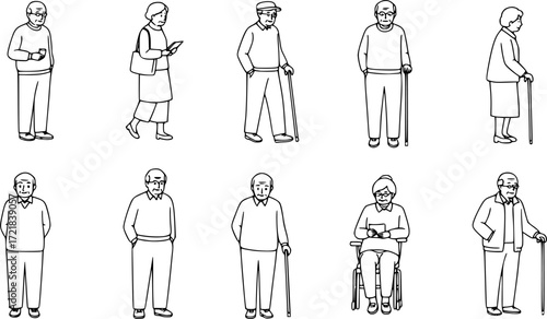 Eldery people line cad art. Vector illustration of senior men and women standing walking talking sitting in front back and side view. Symbol for architecture and landscape design drawing.