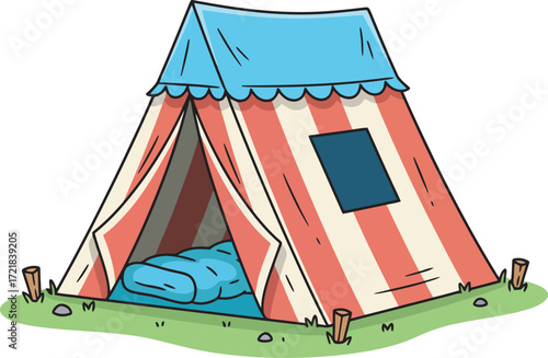 A whimsical cartoon illustration of a red and white striped camping tent, pitched on grass, with a blue sleeping bag inside.