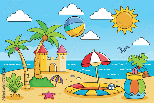 Fun day at the beach with a colorful castle, palm trees, and summer activities