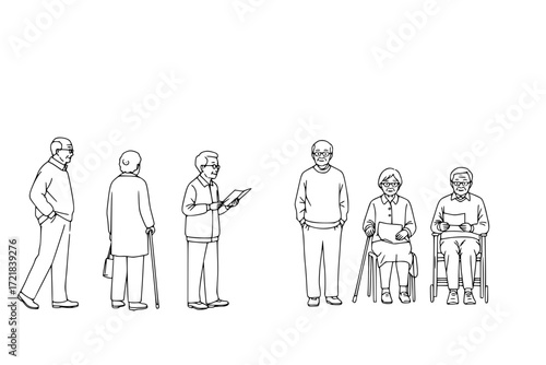 Eldery people line cad art. Vector illustration of senior men and women standing walking talking sitting in front back and side view. Symbol for architecture and landscape design drawing.