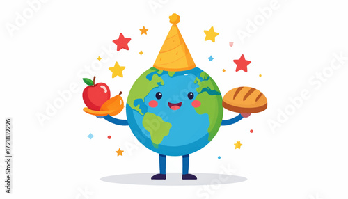 Vibrant Cartoon Earth with a Party Hat, Joyfully Presenting Healthy Food and Bread, a Sweet Symbol of Global Sustenance, Ecological Balance, and Planetary Wellness Celebration