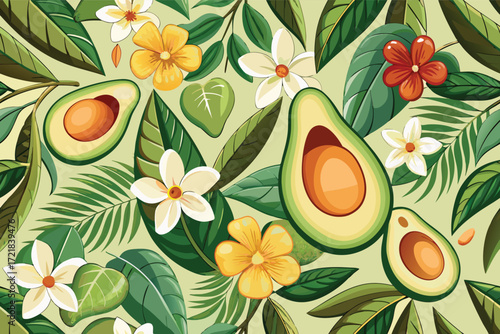 Vibrant avocado pattern with flowers and leaves on a soft green background