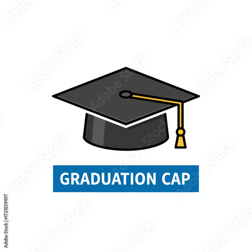 Flat icon of a black graduation cap with a golden tassel, representing academic success and ceremony.