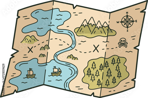 A cartoon treasure map depicts a winding river, mountains, and a compass, with marked locations.