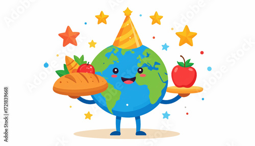 Happy Earth Day Celebration A Cute Illustration of Our Planet Enjoying a Festive Meal