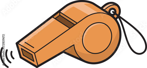 An illustration of an orange whistle with a black lanyard, emitting sound waves.