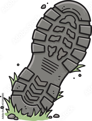 Cartoon illustration of a hiking boot sole print in grass.