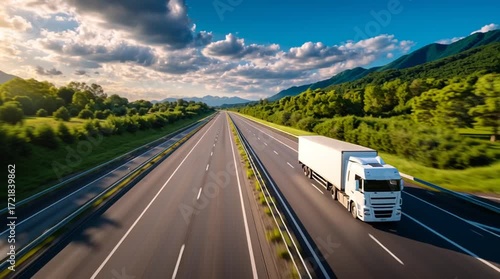 White Semi truck Driving on a Multi lane Highway Through Green Mountains, Under a Dynamic Sky with Clouds, Symbolizing Modern Transportation and Efficient Freight Delivery