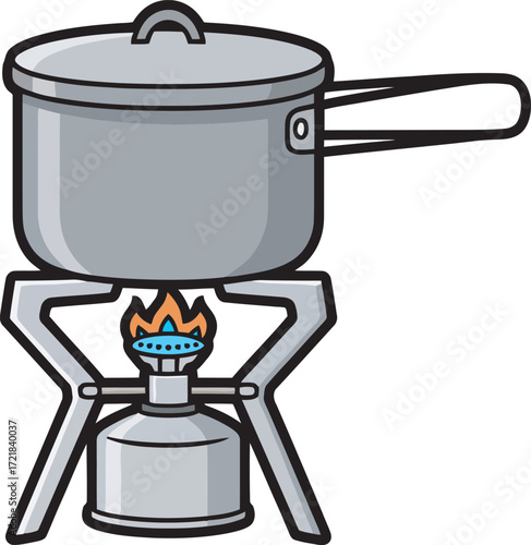 A cartoon illustration of a metal pot with a lid sitting on a portable gas stove with a blue and orange flame.