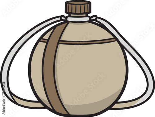 Cartoon illustration of a vintage-style canteen with straps.