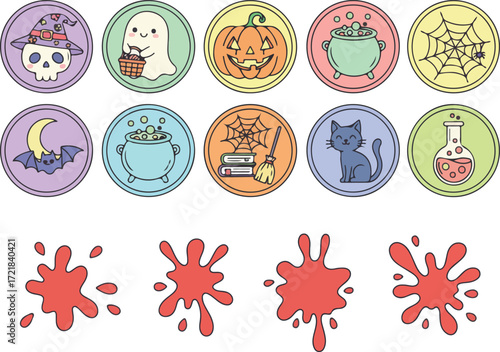 Vibrant Halloween Line Art Icon Collection with Cute Characters and Detailed Blood Splatter Elements