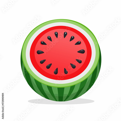 Vibrant and refreshing cross-section of a ripe watermelon, showcasing its juicy red flesh, dark seeds, and green striped rind, perfect for summer health and delicious hydration