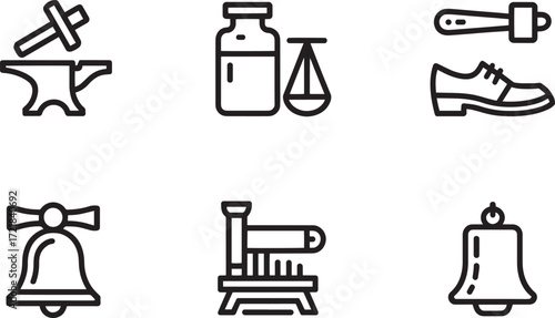 Blacksmith Anvil, Pharmacy Scale, Shoe, Bell and Guillotine Line Icons on Transparent Background