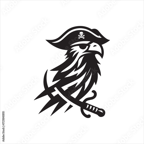 Stylized Eagle Pirate with Skull Hat and Saber Black Silhouette.