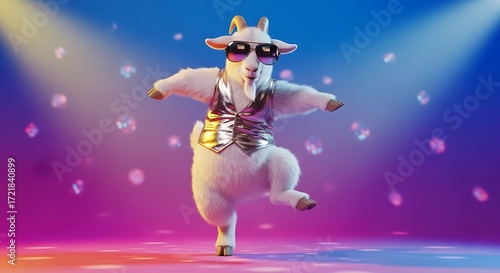 Dancing goat disco party animal 3D render colorful background