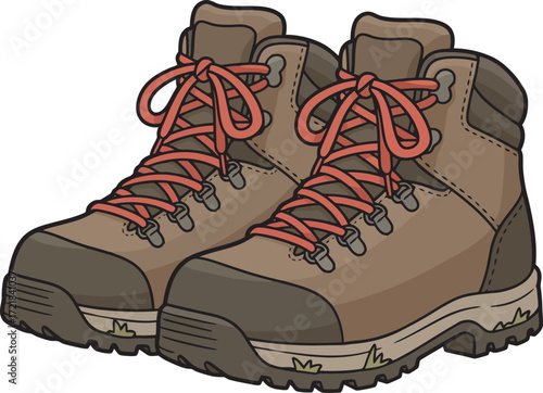 Pair of brown hiking boots with red laces, detailed illustration.