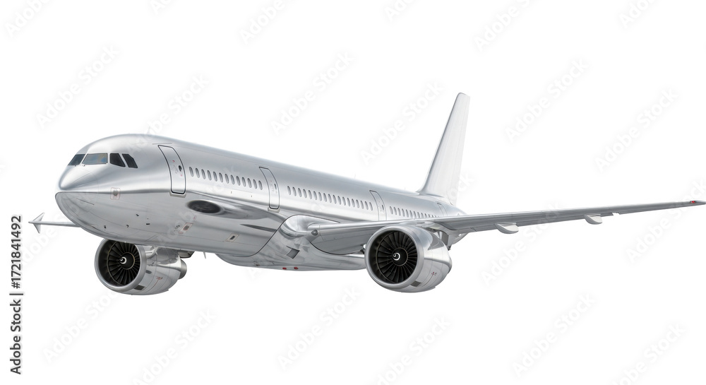 Obraz premium Sleek modern passenger jet, polished metallic fuselage, intricate jet engines, wingtip focus, pristine transparent studio background, concept of advanced aerospace technology