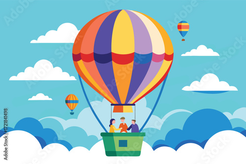 Colorful hot air balloon adventure over a bright blue sky with fluffy clouds