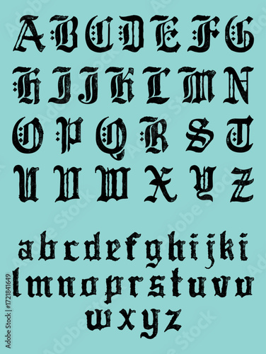 A roughened and distressed alphabet, in both uppercase and lowercase, inspired by gothic manuscript lettering.