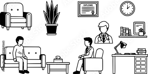 Psychologist office icons set. Psychotherapist consulting room icons showing furniture, plants, diploma, patient, and doctor