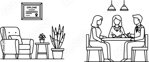 Psychologist office icons set. Psychotherapist consulting room icons showing furniture, plants, diploma, patient, and doctor