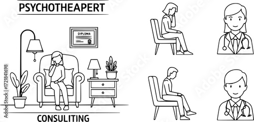 Psychologist office icons set. Psychotherapist consulting room icons showing furniture, plants, diploma, patient, and doctor