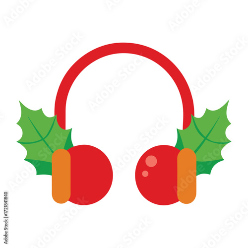 Vector red earmuffs adorned with holly and berries for winter holidays